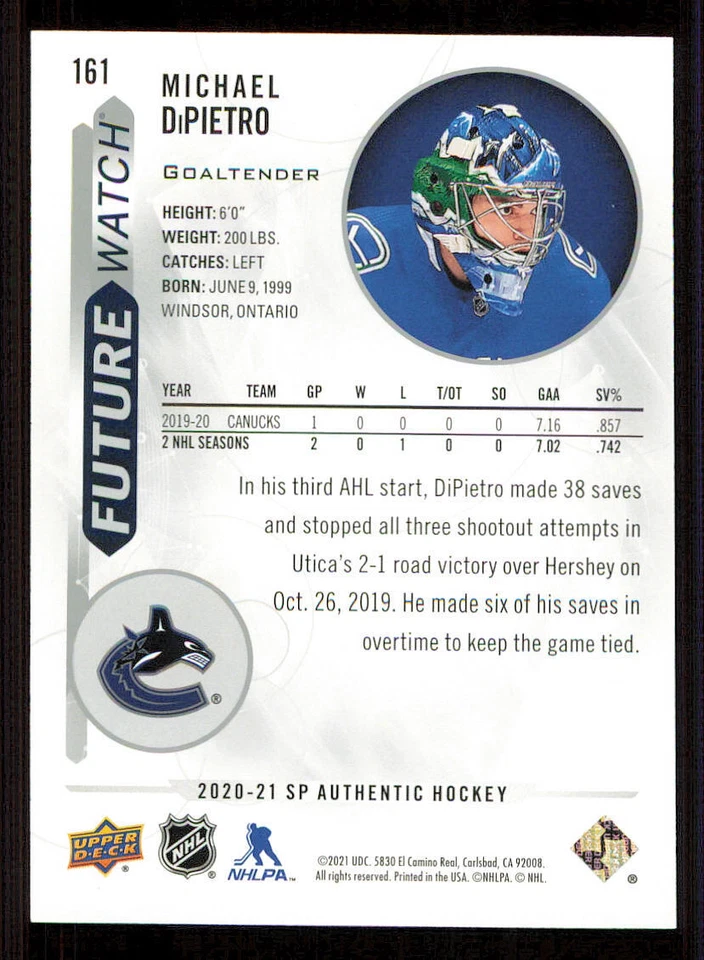 2020-21 SP Authentic #161 Michael DiPietro RC /999 - Image 2 of 2