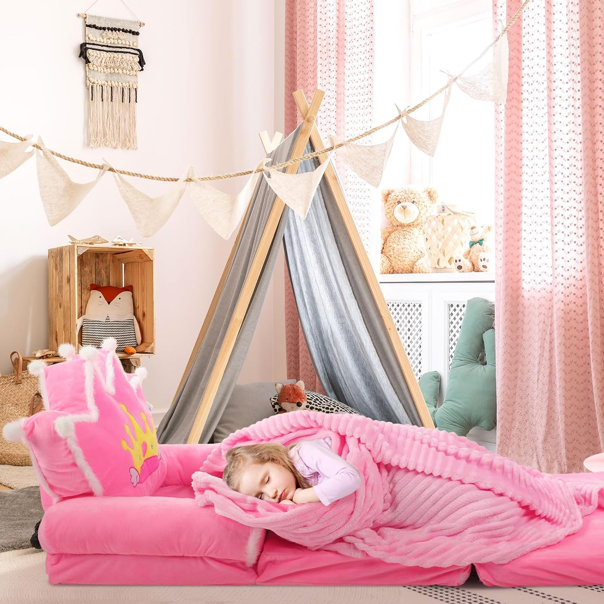 2-in-1 Toddler Couch & Bed - Purple Princess Fold-Out Sofa With Flannel Blanket For Kids 1-3 Years