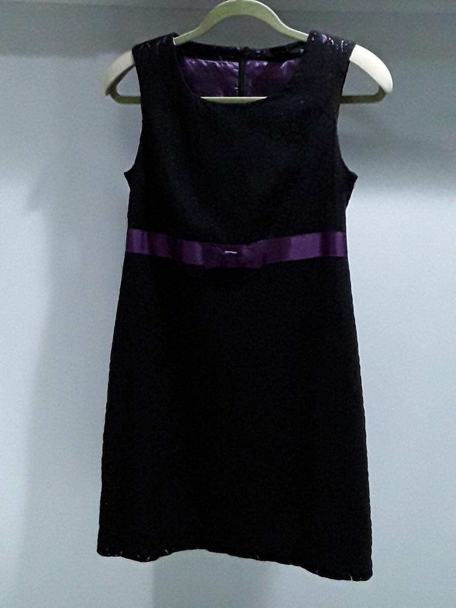 Kensie womens size M black lace dress over purple lining with purple sash bow Kensie womens size M black lace dress over purple lining with purple sash bow