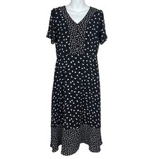 Talbots V-Neck Woman Midi Dress Sz 4 Black White Geometric Short Sleeve