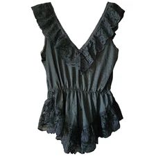 Vintage Alana Gale Black Lace Ruffle French Cut Teddy Bodysuit L Lingerie Sissy