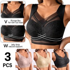 3PK Wireless Full Coverage Bra Lace Wide Shoulder Strap U Back Push Up Women Bra
