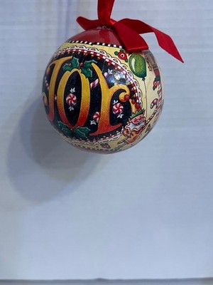 Vintage 90 s MARY ENGELBREIT PAPER MACHE CHRISTMAS JOY ORNAMENT black white