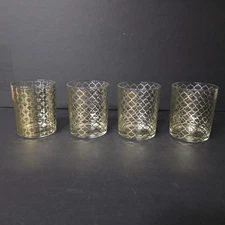 Lot 4 MCM Barware Lowball Glasses Clear Gold Geometric Art Deco 2.75X3.25" Vtg