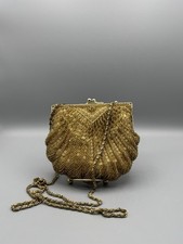Vintage La Regale Womens Gold Beaded Evening Purse Kiss Lock Gold Chain Strap