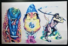 Tattoo Flash - Dave Wallin - 5 Vintage Color Laminated Sheets 11x17in