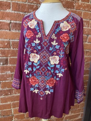 Savannah Jane Embroidered Tunic. Sz S. Rich Purple with Bell Sleeves.