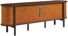 Vintage Mid Century Modern 71" Oval Leather TV Stand in Walnut Tan