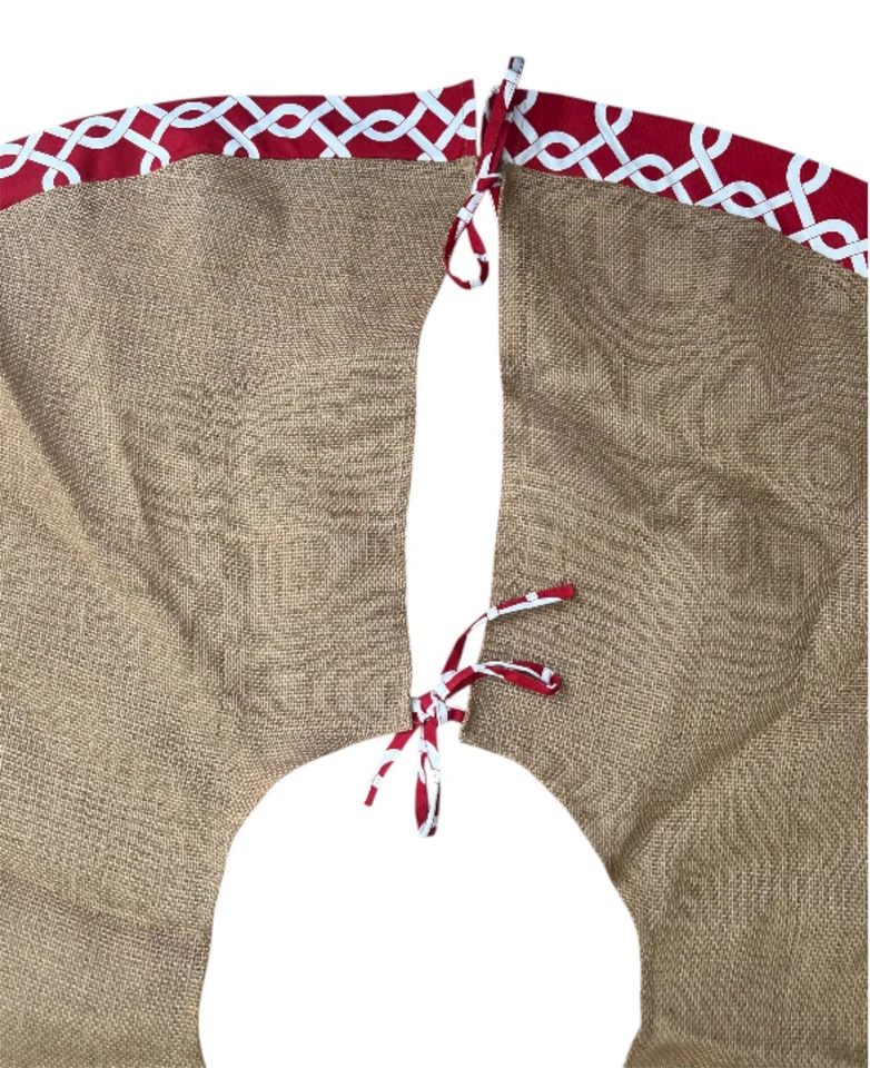 Burlap Red White Geometric Trim Christmas Tree Skirt 51” - Image 3 of 4