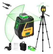 PREXISO 100 Ft Rechargeable Point Cross Laser Level with Tripod & 2 Plumb Dots 