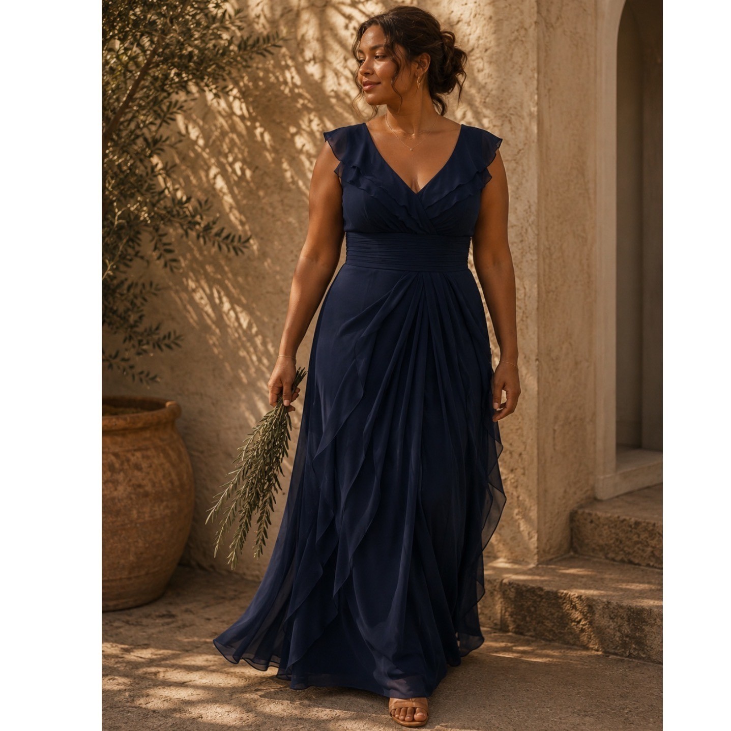 Adrianna Papell Navy Chiffon Ruffle Gown MAXI TIERED Dress WOMEN 16 FORMAL