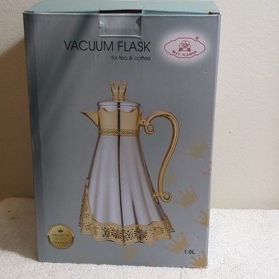 May Flower Vacuum Flask 1.0L White Gold Insulated Crown Pattern With Handle