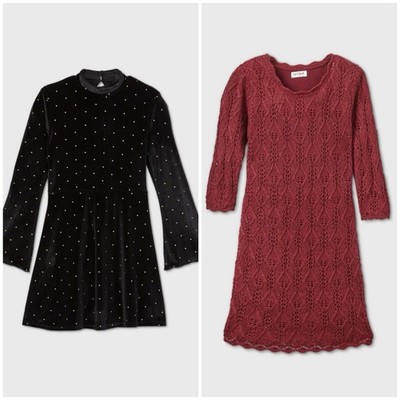 Cat & Jack Girls Art Class Red Velvet Black Crochet Knit Lined Sweater Dress S