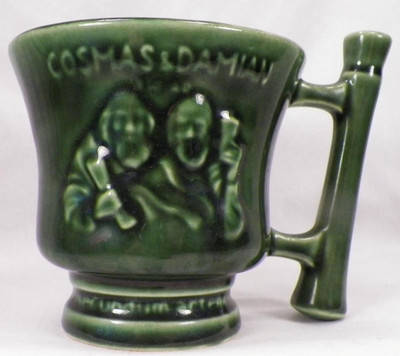 McCoy Cosmas & Damien Mug Mortar & Pestle Green Pottery Advertising Schering