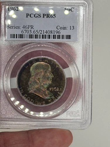 1962 PCGS  PR65 FRANKLIN  SILVER HALF DOLLAR PROOF "EXOTIC  MONSTER TONED"