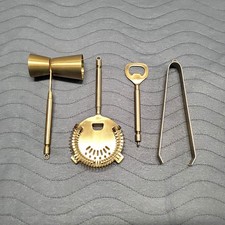 Juego de herramientas de latón para barman de cócteles Jigger Colador Abridor Pinzas 4 piezas Sin marca ¿De colección?