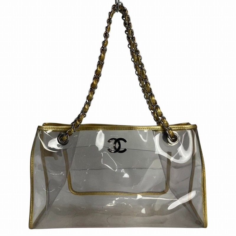 CHANEL Coco Mark Clear Gold Vinyl Chain Tote Bag AA Ladies Leather