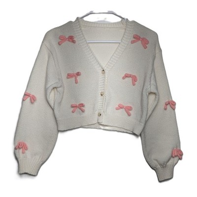 Girl's Shein Bow Button Down Knitted Cardigan V Neck Loose Cute Crop Sweater 12Y