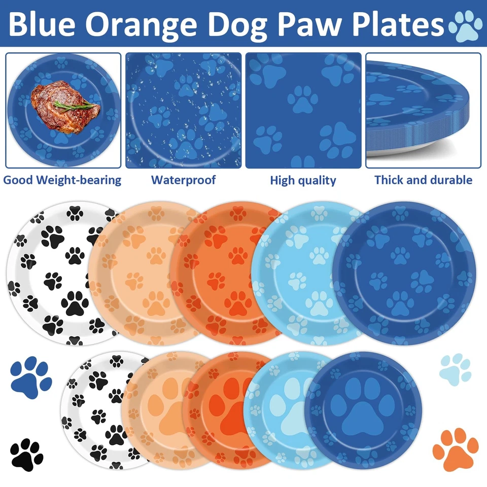 100 peças suprimentos de festa de aniversário de cachorro azul laranja azul pata pratos de papel em forma de pata... - Imagem 3 de 4
