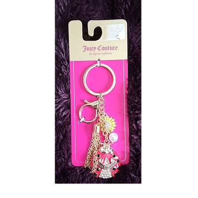 Juicy Couture Ladybug Key Chain Gold Tone Pink Red Rhinestone Animal Charm