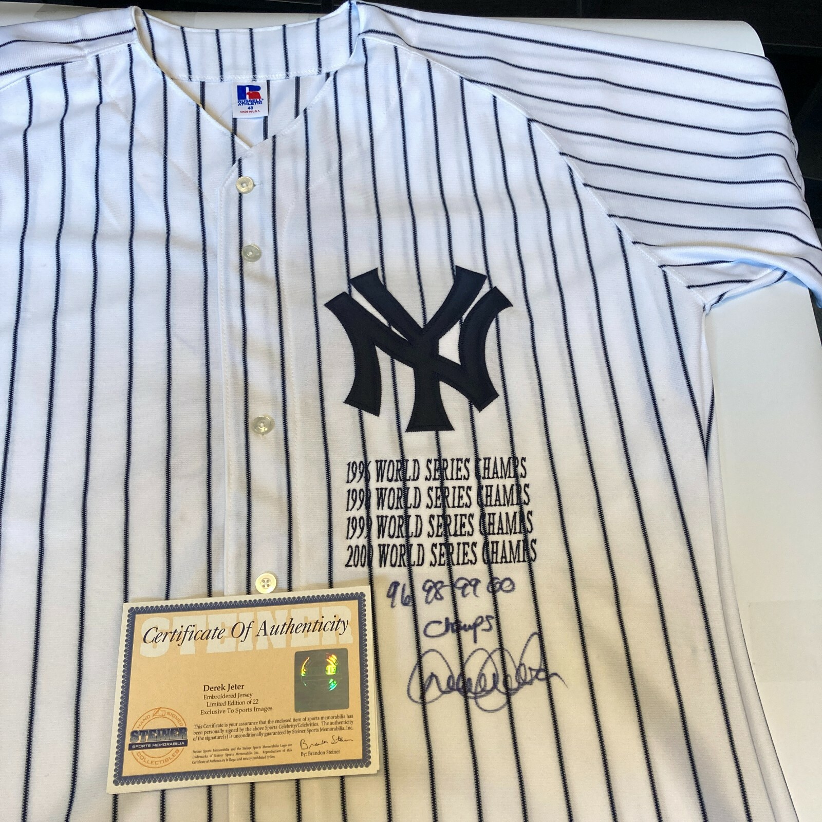 Derek Jeter Autographed Signed 1996 1998 1999 2000 Champs Inscribed Yankees Jersey Steiner 