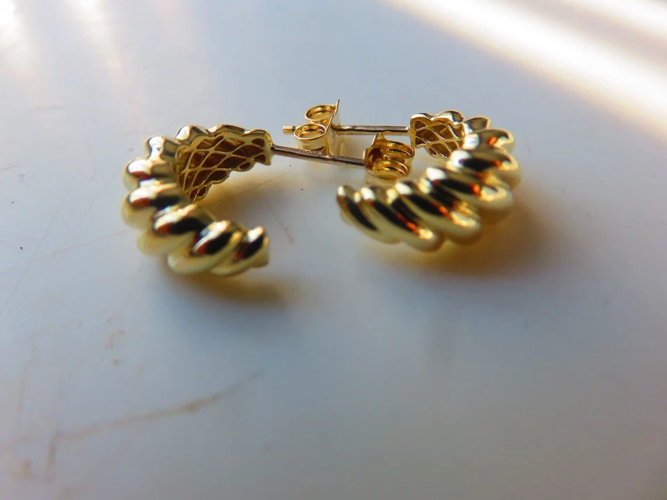 Gold Stud Hoop Look Earrings 9 Carat Yellow Butterfly Closure Chunky - Image 2 of 4