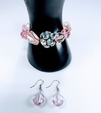 Stretchy Bracelet In Pinks With Rhinestone Ball And Earrings