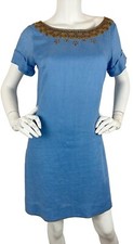 Elie Tahari Linen Embroidered Beaded Sheath Dress Chain Hem Short Sleeve Blue 6