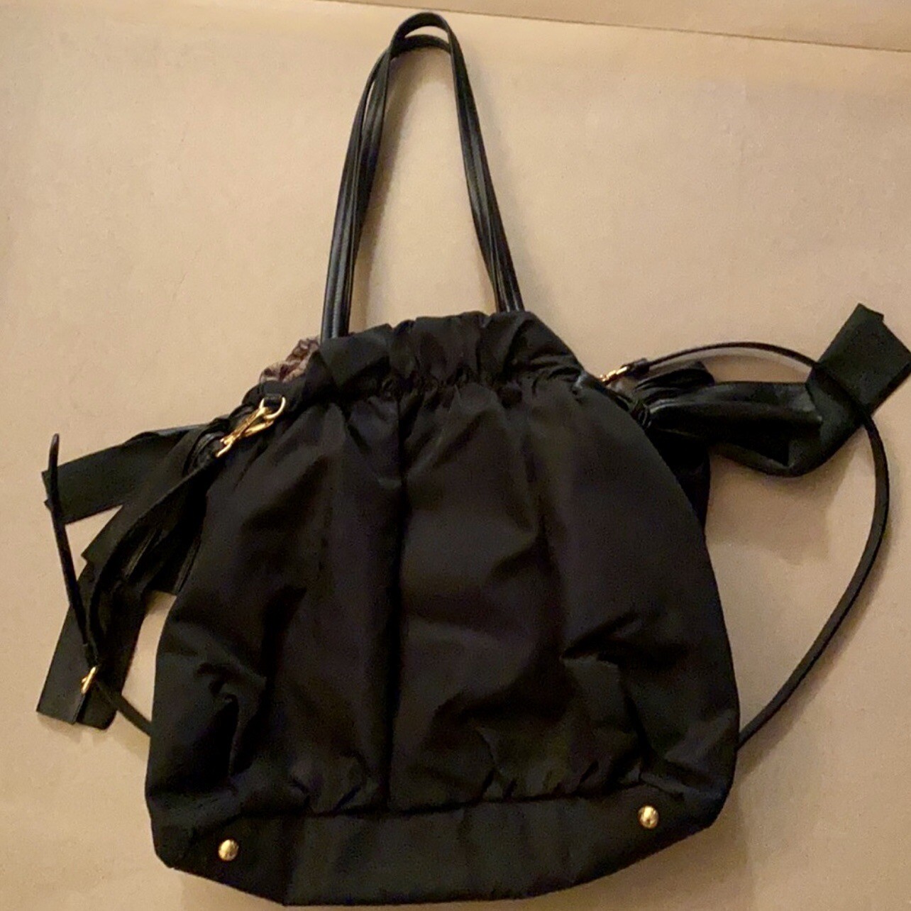 Prada Black Leather w/ Nylon Python Print Bow Sat… - image 4