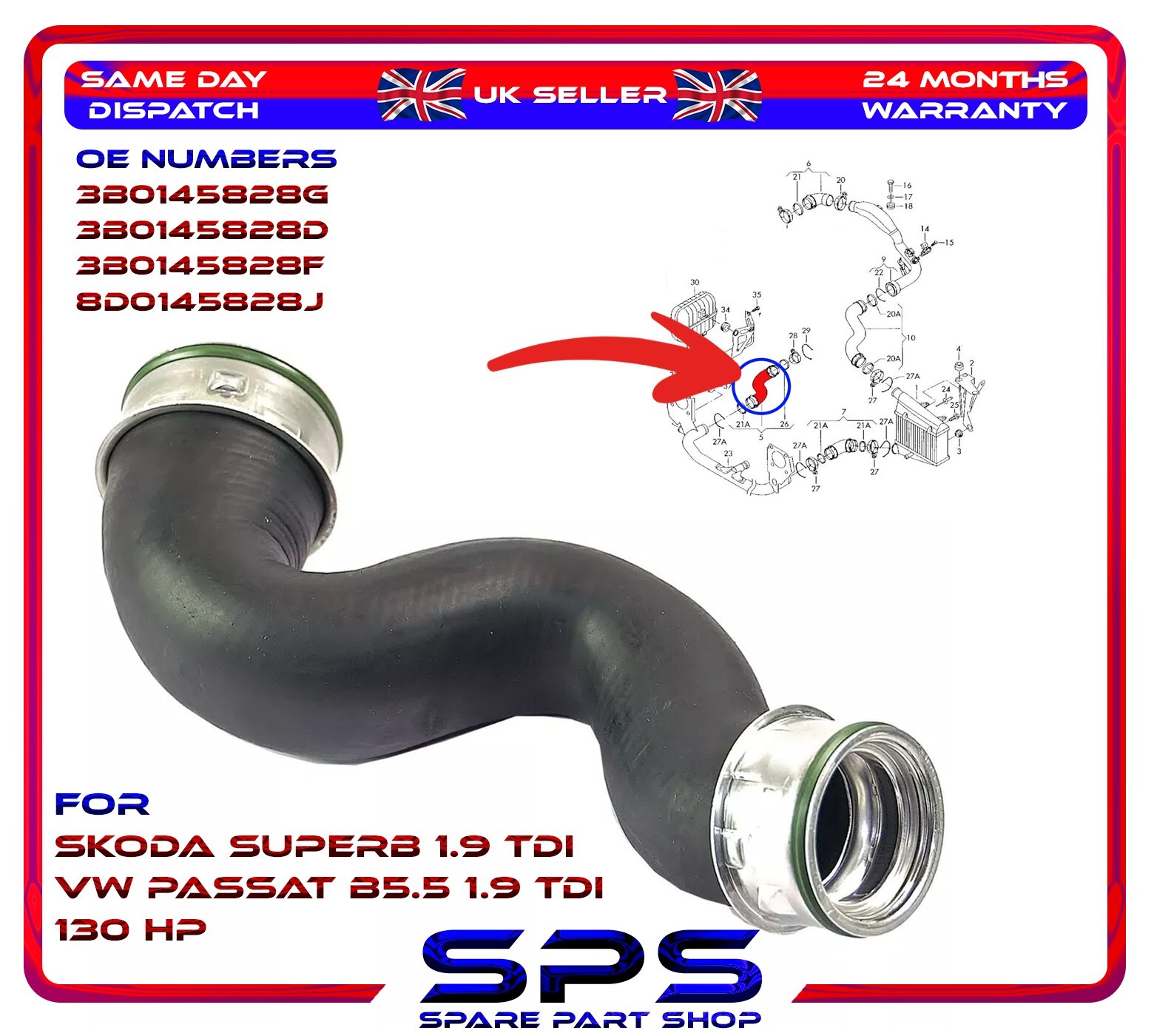 Intercooler Hose Turbo For VW Passat B5.5 Skoda Superb 1.9 TDI 130 HP 3B0145828G
