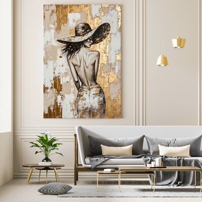   Gold Elegante Frau mit Hut Kunst Wandbild, Acrylglas, Leinwand oder Poster Art