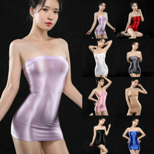 Women's Sexy Wet Look Glossy Tube Dress Mini Strapless Bodycon Clubwear Cosplay