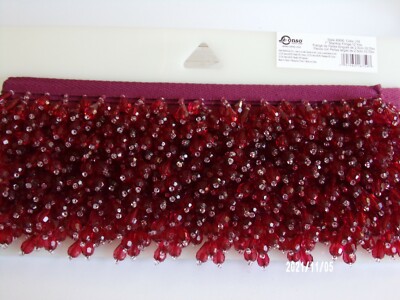 Conso 1'' Crystal Teardrop Fringe Trim Ruby Cranberry Beaded Sold BTY