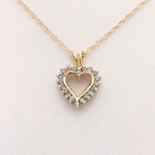 Solid 10k Gold Natural Diamond Open Heart Pendant Necklace 18in