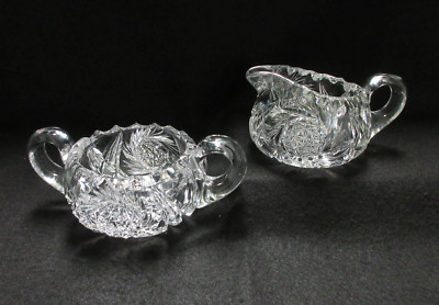 American Brilliant (ABP) Cut Glass Hobstar Pinwheel/Swirl Creamer and Sugar Set