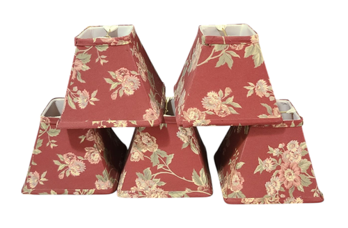 Country French Set of Five Burgandy Red Floral Fabric Lamp Chandelier Shades