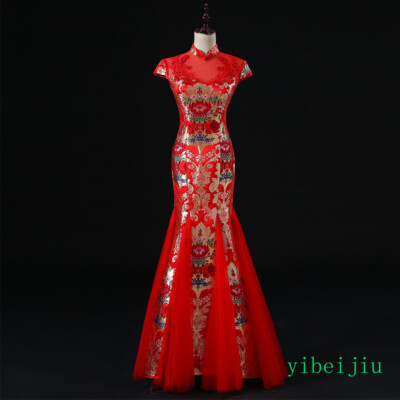 Women's Chinese Qipao Fish Tail Banquet Evening Dress Performance Cheongsam Host