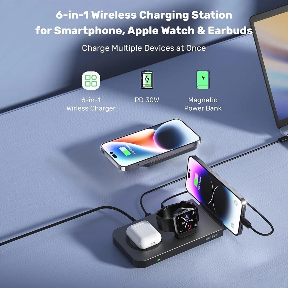 Nuevo - Estación de carga inalámbrica Unitek para iPhone - Cargador rápido magnético 6 en 1 Foto 2 de 4