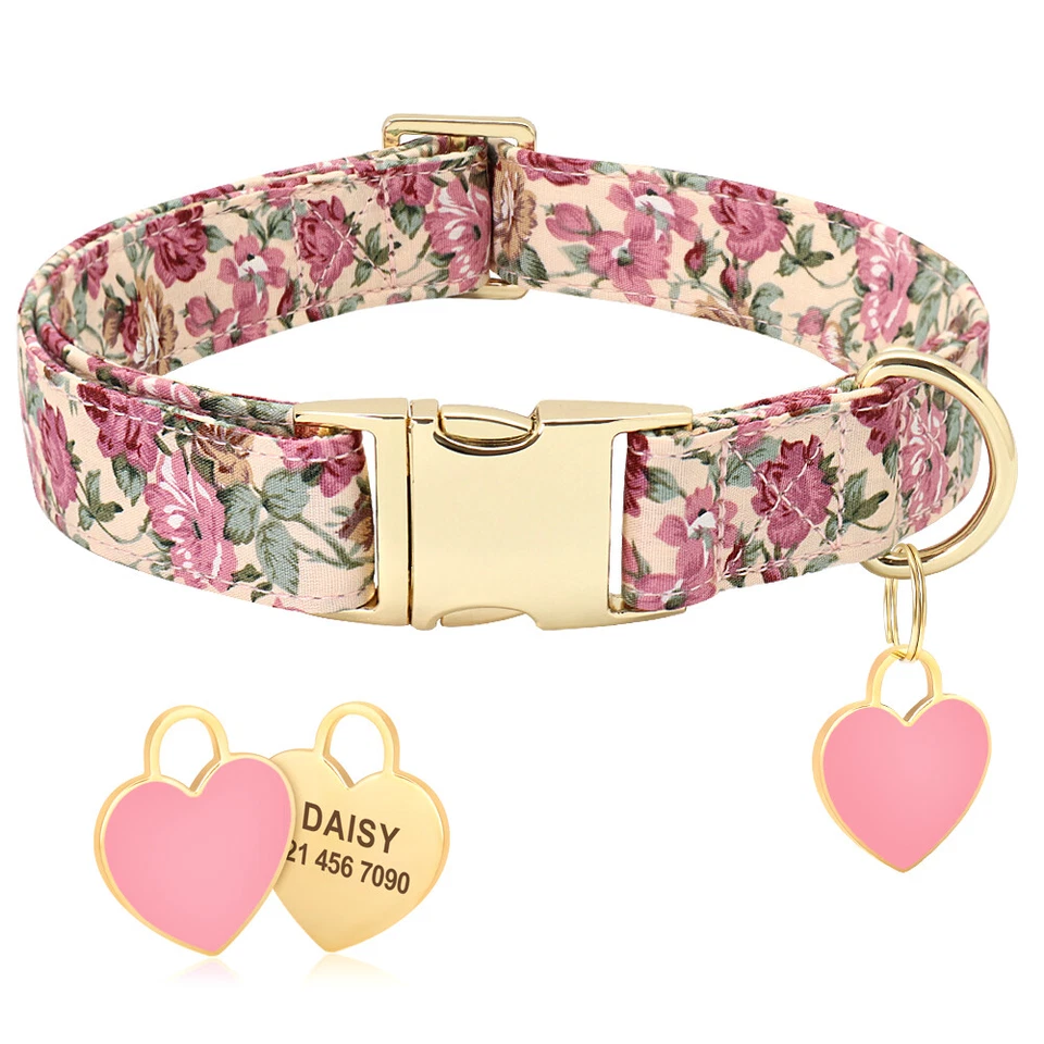 定制狗项圈个性化花卉尼龙狗狗男孩/女孩带心脏标签 — 第 4/4 张图片