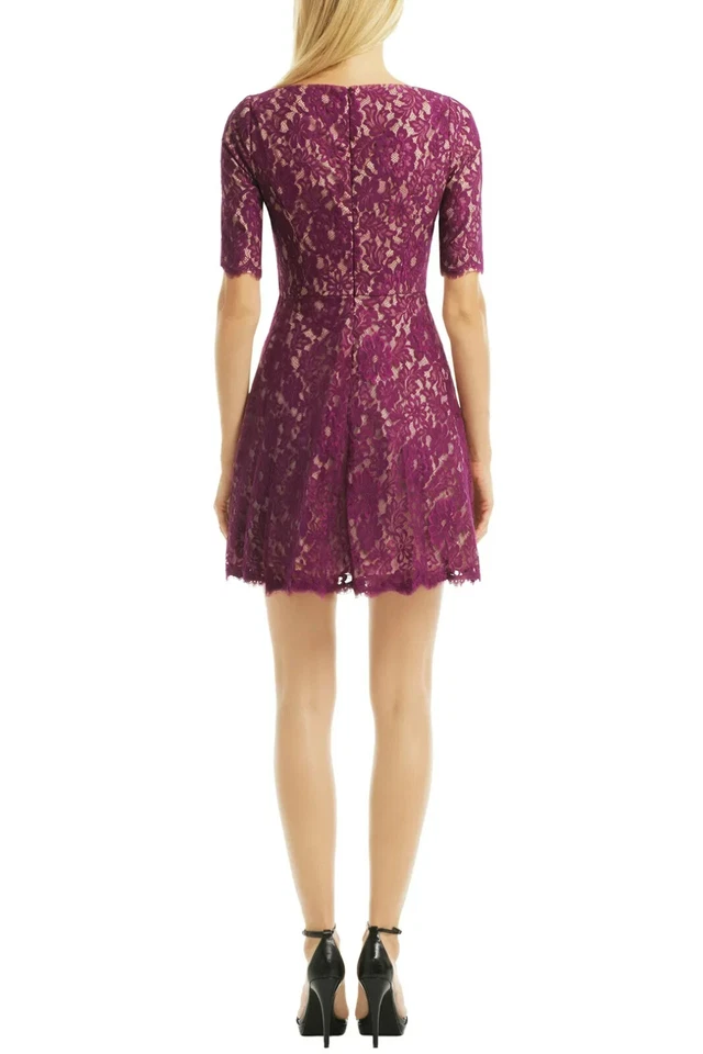 Vestido de cóctel ML Monique Lhuillier granate púrpura manga 1/2 encaje línea A 10 $498 Foto 3 de 4