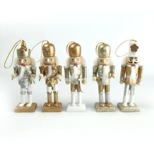 Traditional 5" White  Gold Wooden Nutcrackers Set of 5 - Wooden Christmas Decor