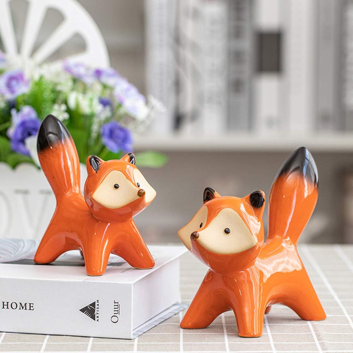 2pcs Ceramic Fox Figurines Home Decor Animal Statues Collectible Figurines Ho...