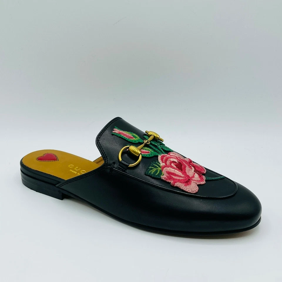 $820 Gucci Princetown Black Leather Rose Flower Mule Sandal 34.5/US 4.5 449267