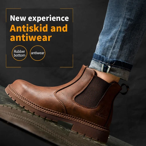 Women Men Leather Brown Safety Boots Work Shoes Steel Toe SlipOn Water Resistant - Bild 11 von 31