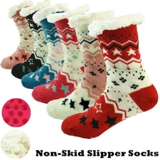 Womens Thermal Cozy Fuzzy Star Sherpa Fleece-lined Non-Skid Slipper Socks LOT
