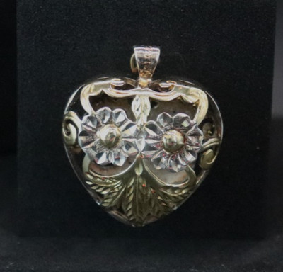 Vtg Sterling Silver EURS 925 TH Open Puffed Heart Flowers & Leaf-Circa 70's