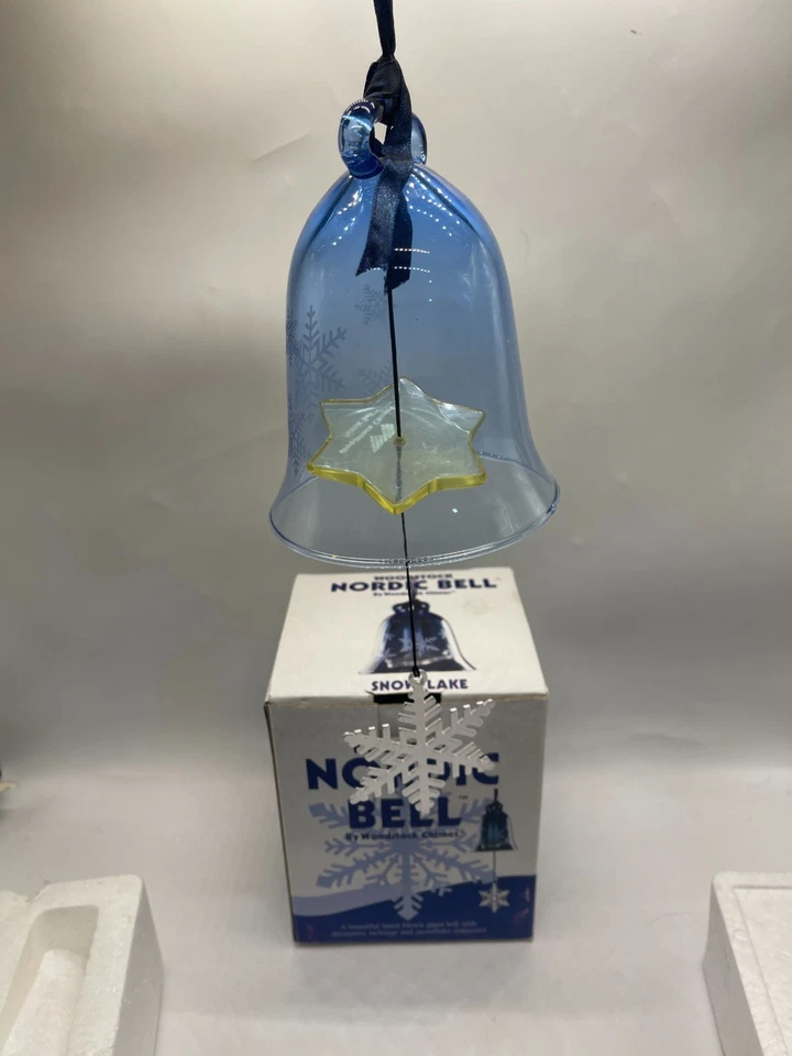 Woodstock Chimes Nordic Bell Wind Chime Etched Snowflakes Blue Blown Glass - Image 3 of 4