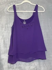 NY&C Purple Layered Sleeveless Blouse M Beaded Neckline Flowing Chiffon Tank Top