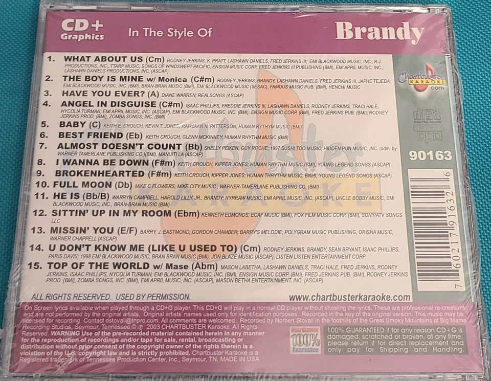 Brandy Karaoke CDG Chartbuster 15 Song R&B Pop Boy Is Mine Missin You Full Moon - Image 2 of 3