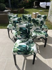 Set of 6 Dining Chairs with green leaf Print covers / wooden legs